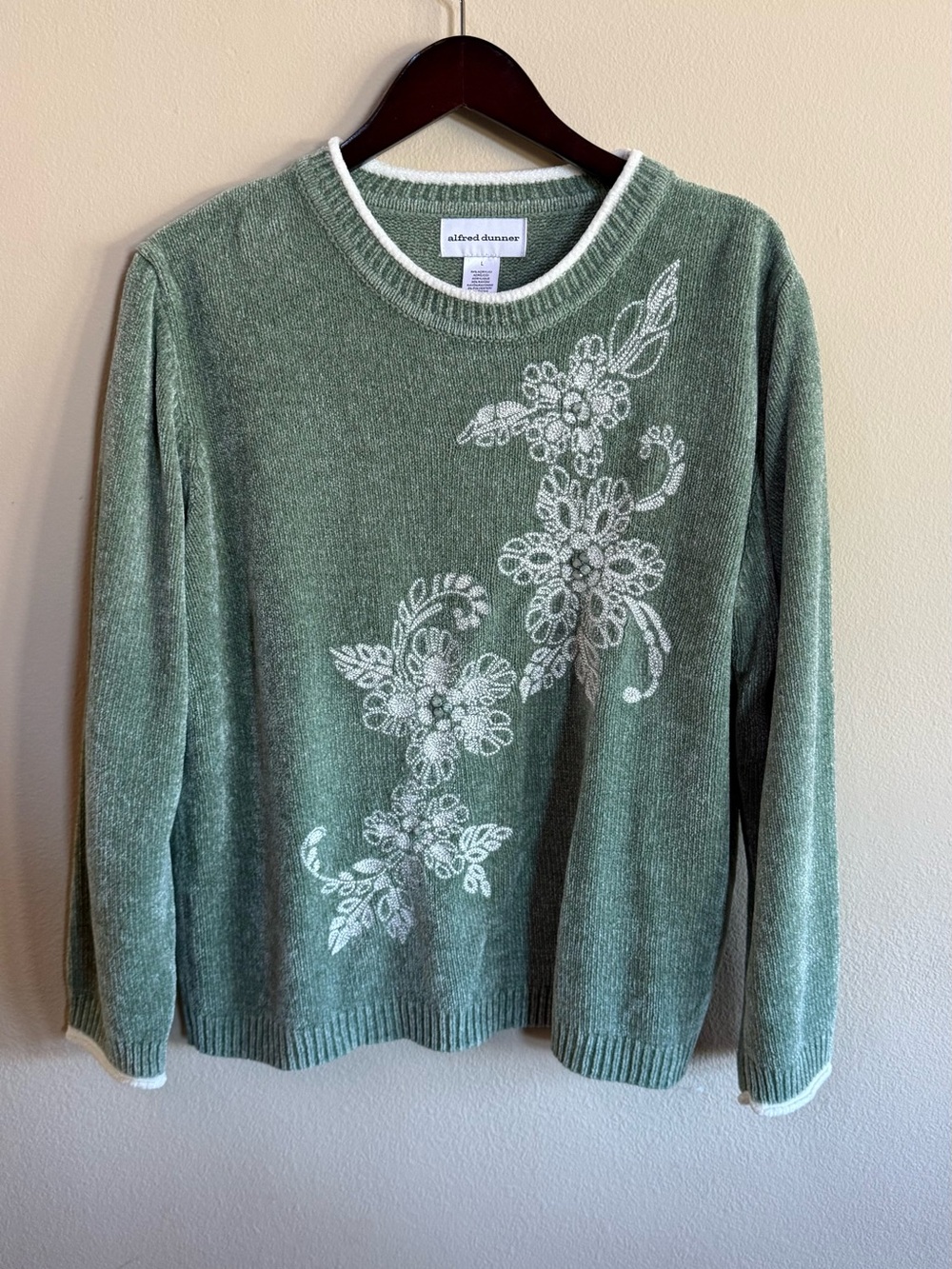 Alfred Dunner sage green chenille crewneck sweater with white floral embroidery
